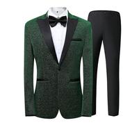 Tuta casual da uomo, tre pezzi, con paillettes, un bottone, abito sottile e lucido, giacca, abito classico con vestibilità normale, B-verde., XXL