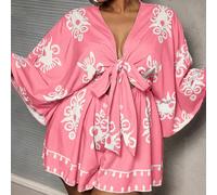 Tuta casual da vacanza con scollo a V e laccio, stampa floreale rosa, taglie comode per donna, top avvolgente, top boho a maniche corte 0XL,1XL,2XL,3XL,4XL,5XLStampa CasualeTessuto intrecciato
