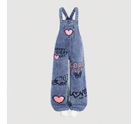 Tuta casual in denim con stampa floreale a cuore e arcobaleno graffiti, stile Y2K, morbida e dolce, per ragazze pre-adolescenti, senza maglietta. Salopette in jeans ampia e dritta per ragazze, abbigli