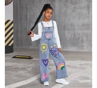 Tuta casual in denim morbido e lavato con stampe floreali, a cuore, arcobaleno e graffiti per ragazze, con cinturini regolabili e vestibilità ampia, adatta per essere abbinata a top a maniche corte/lu