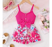 Tuta casual per ragazze giovani, stile rosa rosso, in maglia, con stampa floreale digitale e toppe, adatta per uscite, attività all'aperto, tempo libero, vacanze e per uso domestico, per l'estate 6Y,7