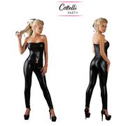 Tuta Catsuit Aderente Nera Wetlook Senza Spalle Gambe Lunghe Cottelli Party