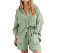 Tuta Completa Donna in Lino Estivi Vendita, Completo Due Pezzi da Donna Casual Camicia a 3/4 Manica + Pantaloncini con Elastico Vita Sets Leggeri Traspirante 2 Pezzi Casual Tinta Unita Completi