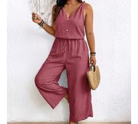 Tuta con bretelline e scollo a V in più taglie, con tessuto goffrato e vita con fiocco, in stile naturale 0XL,1XL,2XL,3XL,4XLColore unicoTessuto intrecciato