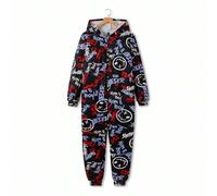 Tuta con cappuccio a maniche lunghe da uomo, con elementi di graffiti a faccia sorridente, nei colori rosso e blu, che combina uno stile da strada vivace, look casual ed esageratamente dinamico, pigia