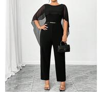 Tuta con maniche a poncho in tessuto chiffon e maglia, pantalone a gamba dritta con vita stretta, schiena aperta, elegante per uscite, raduni, feste, vacanze 0XL,1XL,2XL,3XL,4XLColore unicoTessuto in 