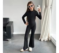 Tuta con mezza chiusura lampo per ragazza pre-adolescente, tutina nera a maniche lunghe con pantaloni a zampa, adatta per il ritorno a scuola, per uso casual quotidiano, per attività all'aperto 8Y,9Y,