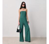 Tuta con spalle scoperte in tessuto jacquard geometrico, corpetto aderente e pantaloni a gamba ampia. Abbinato collare sul collo. Adatta per matrimoni, occasioni formali, vacanze di lusso, uscite, mat