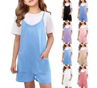 Tuta corta estiva da ragazza, con scollo a V, senza maniche, con tasche, per adolescenti e bambini, tinta unita, morbida, casual, vestibilità ampia, pagliaccetto sportivo a gamba larga (azzurro, 3-4
