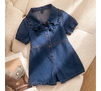 Tuta corta in denim lavato blu scuro per ragazze, estiva, versatile, ampia, alla moda, comoda, in morbido cotone fine, con decorazione floreale, elemento fiocco e polsini elastici, leggera per primave