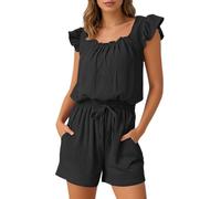 Tuta corta in lino da donna, estiva, canotta e pantaloni corti, 2 pezzi, elegante, in lino, tuta da jogging, elegante, per lavoro, casual, leggera, comoda e traspirante, O nero., L