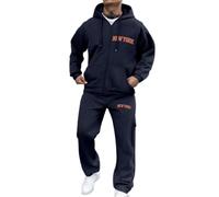 Tuta da allenamento con stampa a lettere per uomo, alla moda, motivo tuta da jogging, Y2K Streetwear, morbida felpa con cappuccio e pantaloni da jogging, set unisex per il tempo libero, P blu navy, S