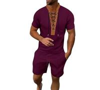 Tuta da allenamento da uomo, corta, 2 pezzi, estiva, larga, a maniche corte, con coulisse, scollo a V e pantaloni corti, traspirante, abbigliamento sportivo, casual, estiva