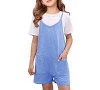 Tuta da bambina con pantaloncini, spalline sottili, con tasche profonde, per l'estate, la spiaggia, le vacanze, casual, ampio, vestito per compleanno (celeste, 9-10 anni)