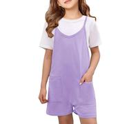 Tuta da bambina con pantaloncini, spalline sottili, con tasche profonde, per l'estate, la spiaggia, le vacanze, casual, ampio, per compleanno (viola, 9-10 anni)