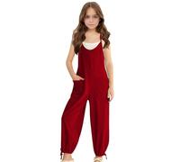 Tuta da bambina per bambini, ampia, casual, senza maniche, con pantaloni harem, pagliaccetto con tasche, abiti estivi alla moda, per adolescenti, tinta unita, per attività all'aperto (rosso #3, 9-10