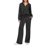 Tuta da casa da donna in cotone, elegante, pigiama a maniche lunghe, due pezzi, scollo a V, con tasche, tuta da jogging, casual, maglietta sportiva e pantaloni larghi, Nero , L