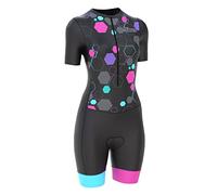 Tuta da ciclismo aderente da donna imbottita monopezzo per triathlon con top e pantaloncini corti con design sublimato e pantaloncini con pettorina, nero/rosa, XS