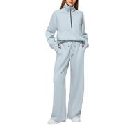 Tuta da donna 2 pezzi con mezza zip pullover e pantaloni a gamba larga, blu cielo, L