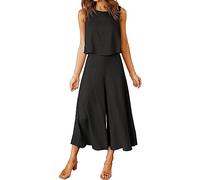 Tuta da donna, 2 pezzi, in cotone e lino, girocollo, tinta unita, senza maniche, top + pantaloni larghi a gamba larga, set da lounge, abbigliamento sportivo, pantaloni da allenamento, top, tute