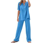 Tuta da Donna 2 Pezzi Tuta Sportivo Completo Donna 2 Pezzi di Lino Casual Larghi con Pantaloni Casual Estivi Manica Corta T Shirt Pantalone Loose Morbido Tute Sportiva Oversize Eleganti (Sky Blue, S)