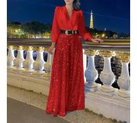 Tuta da donna a gamba larga con paillettes, perfetta per feste serali, scollo a V ampio e stile elegante (XL rosso)