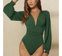 Tuta da donna a maniche a lanterna con scollo a V profondo, plissettata ed elastica, stile elegante urban chic per uso quotidiano, romantico stile retrò anni '90, adatta per Natale, Capodanno, San Val