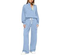 Tuta da donna a maniche lunghe con tasche, felpa con bottoni a 1/4 e coulisse, pantaloni a gamba larga, due pezzi, taglie forti, tuta da jogging da donna, set sportivo da palestra, Azzurro, XL