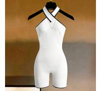 Tuta da donna alla moda con cinturini incrociati, minimalista e versatile, top bianco, tuta bianca, aderente, adatta per il lavoro pendolare, con fascino intellettuale, outfit estivo, abbigliamento pe