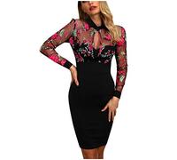 Tuta da donna, alla moda, da donna, in rete con ricami floreali, patchwork, casual, da lavoro, abbigliamento da donna (nero M)