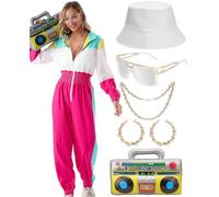 Tuta da donna anni '80 anni '90, tuta con cappuccio, tuta da jogging con ghettoblaster gonfiabile, cappello, collana, orecchini, carnevale, feste a tema