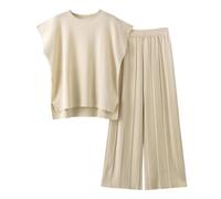 Tuta da Donna Autunnale Invernale Primavera Completo Elegante Set di Pantaloni a Gamba Larga e Maglione Manica Corta Girocollo 2 Pezzi Completi Da Donna 2 Pezzi Casual Tinta Unita Top Donna Set