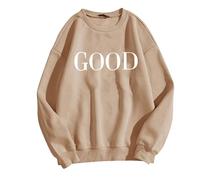Tuta da donna, casual, a maniche lunghe, da donna, con grafica, girocollo, felpe, maglioni, da donna, con lettere arabe, cachi, S
