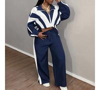 Tuta da donna casual con giacca con chiusura lampo a contrasto di colore e pantaloni a zampa d'elefante, set da 2 pezzi L,M,S,XL,XS,XXL,XXS,XXXL,XXXXLTessuto intrecciato