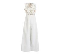 Tuta da donna con applicazioni floreali, senza maniche, a gamba larga, con parte superiore in rete, elegante, per feste estive, bianco, L