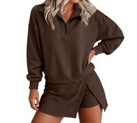 Tuta da donna con mezza zip e pantaloncini con spalle cadenti | Tuta leggera in pile termico | gonna avvolgente sovrapposta | luogo di sport di viaggio in aeroporto | stile trainer in tela