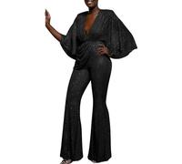Tuta da donna con paillette, elegante, a maniche lunghe, con scollo a V, con brillantini, per cocktail, feste, carnevale, costume da carnevale, con paillette, costume anni '70, O nero., S
