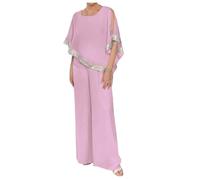 Tuta da donna con paillette, scollo rotondo, in tulle, set da 2 pezzi, in chiffon, a gamba larga, per cocktail, feste, per il tempo libero