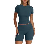 Tuta da donna con pantaloncini UK, top a maniche corte con scollo rotondo, pantaloni slim fit, set da palestra, yoga, allenamento, comodo, abbigliamento sportivo, elastico, abbigliamento sportivo