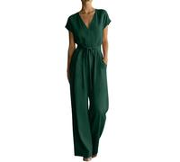 Tuta da donna con pantaloni, scollo a V, maniche corte, verde, 3XL
