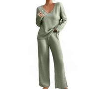 Tuta da donna con scollo a V, in tinta unita, a maniche lunghe, con pantaloni, 2 pezzi, invernale, elegante, da jogging, in due pezzi, con tasche, Ag., XL