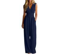 Tuta da donna con scollo a V, maniche a 3/4, tuta intera, tunica con pancia, tuta lunga a gamba larga, casual, comoda salopette con tasca, tutina monopezzo leggera
