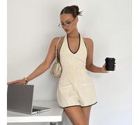Tuta da donna con scollo a V profondo e orlo a campana con contrasto, crema e nero, estate, sexy chic, brunch, giallo burro chic, casual, outfit per feste in bianco L,M,S,XSBlocchi di colore,Colore un