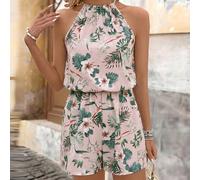 Tuta da donna con stampa tropicale e collo alla halter per vacanza e tempo libero, stile vacanziero, stile boho, completo da vacanza per donna, completo estivo da donna a 2 pezzi, completo casual esti