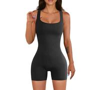 Tuta da donna, corta, aderente, sexy, senza maniche, elasticizzata, senza maniche, per donna, a coste, per lo sport, Nero , L