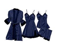 Tuta da donna da 4 pezzi: vestaglia da donna, leggera, in raso, sul davanti, aperti, in pizzo, con spalline sottili, abito da babydoll, comodo, pigiama elegante, Blu marino, L