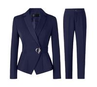 Tuta da donna elegante, 2 pezzi, tinta unita, formale, pantaloni e blazer, combinazioni, monopetto, pantaloni lunghi, blazer, costume da partito, abbigliamento professionale, Blu, XXL