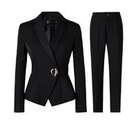 Tuta da donna elegante, 2 pezzi, tinta unita, formale, pantaloni e blazer, combinazioni, monopetto, pantaloni lunghi, blazer, costume da partito, abbigliamento professionale, Nero , L