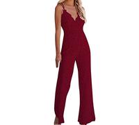 Tuta da donna elegante con pizzo - Tuta profonda scollo a V Onesie Spaghetti spalline intero sexy senza spalle scoperte body coprente jacquard per il tempo libero matrimonio, Colore: rosso, L