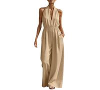 Tuta da donna elegante con scollo a V e allacciatura al collo, beige., XXL (xx_l)